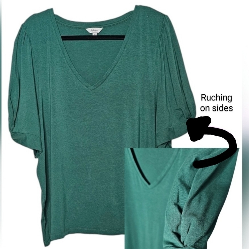 Reitmans Forest Green Heavy Jersey Knit V-neck Ruched Half Sleeve Top size 3X
